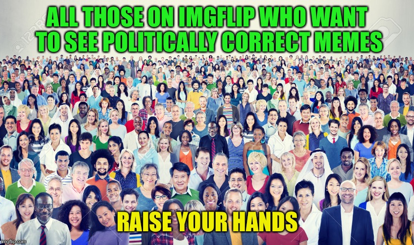 See...no one! | ALL THOSE ON IMGFLIP WHO WANT TO SEE POLITICALLY CORRECT MEMES; RAISE YOUR HANDS | image tagged in people | made w/ Imgflip meme maker