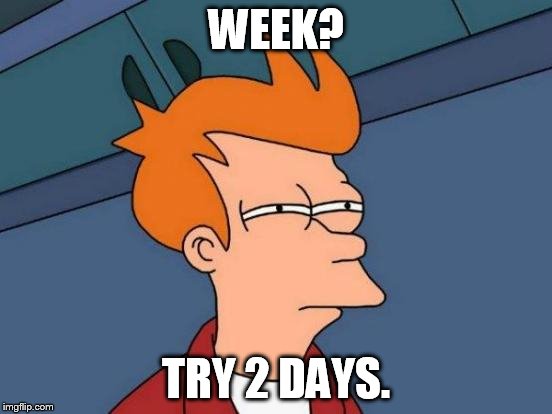 Futurama Fry Meme | WEEK? TRY 2 DAYS. | image tagged in memes,futurama fry | made w/ Imgflip meme maker