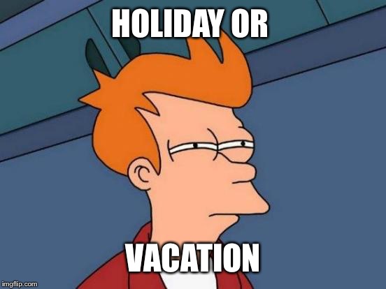 Futurama Fry Meme | HOLIDAY OR VACATION | image tagged in memes,futurama fry | made w/ Imgflip meme maker