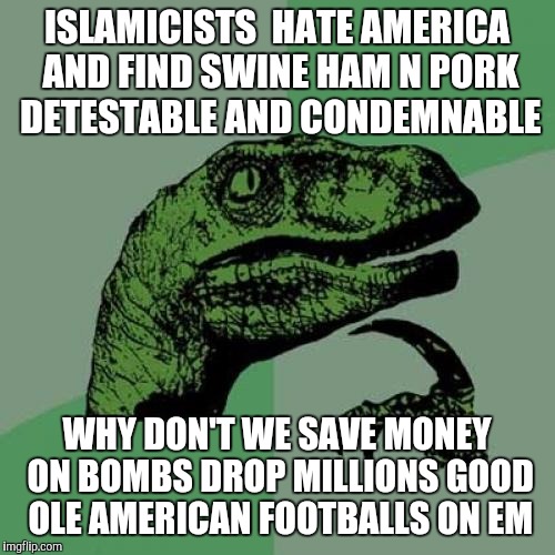 Philosoraptor Meme | ISLAMICISTS  HATE AMERICA AND FIND SWINE HAM N PORK DETESTABLE AND CONDEMNABLE; WHY DON'T WE SAVE MONEY ON BOMBS DROP MILLIONS GOOD OLE AMERICAN FOOTBALLS ON EM | image tagged in memes,philosoraptor | made w/ Imgflip meme maker