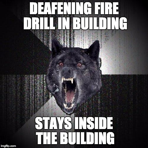 Insanity Wolf | DEAFENING FIRE DRILL IN BUILDING; STAYS INSIDE THE BUILDING | image tagged in memes,insanity wolf,AdviceAnimals | made w/ Imgflip meme maker