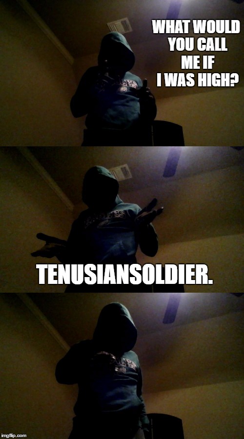 Bad Pun XenusianSoldier. | WHAT WOULD YOU CALL ME IF I WAS HIGH? TENUSIANSOLDIER. | image tagged in bad pun xenusiansoldier,memes,funny,10 guy | made w/ Imgflip meme maker