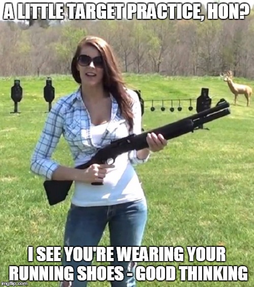 A LITTLE TARGET PRACTICE, HON? I SEE YOU'RE WEARING YOUR RUNNING SHOES - GOOD THINKING | made w/ Imgflip meme maker