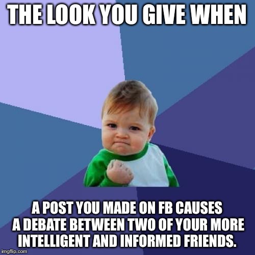 Success Kid Meme | THE LOOK YOU GIVE WHEN; A POST YOU MADE ON FB CAUSES A DEBATE BETWEEN TWO OF YOUR MORE INTELLIGENT AND INFORMED FRIENDS. | image tagged in memes,success kid | made w/ Imgflip meme maker