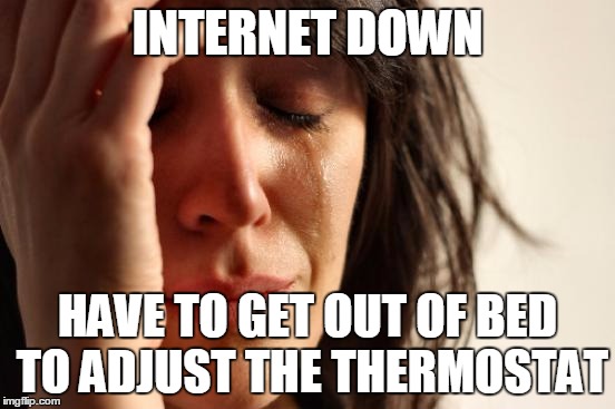 First World Problems Meme | INTERNET DOWN; HAVE TO GET OUT OF BED TO ADJUST THE THERMOSTAT | image tagged in memes,first world problems,AdviceAnimals | made w/ Imgflip meme maker