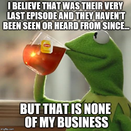But That's None Of My Business Meme | I BELIEVE THAT WAS THEIR VERY LAST EPISODE AND THEY HAVEN'T BEEN SEEN OR HEARD FROM SINCE... BUT THAT IS NONE OF MY BUSINESS | image tagged in memes,but thats none of my business,kermit the frog | made w/ Imgflip meme maker