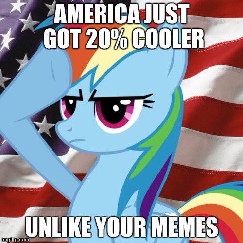 American Rainbow Dash | AMERICA JUST GOT 20% COOLER; UNLIKE YOUR MEMES | image tagged in american rainbow dash | made w/ Imgflip meme maker