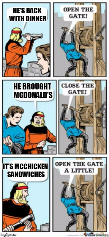 MasturGater  :) | HE'S BACK WITH DINNER; HE BROUGHT MCDONALD'S; IT'S MCCHICKEN SANDWICHES | image tagged in open the gate a little,mcdonalds | made w/ Imgflip meme maker