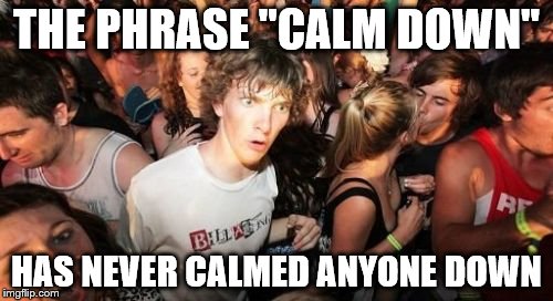 Sudden Clarity Clarence | THE PHRASE "CALM DOWN"; HAS NEVER CALMED ANYONE DOWN | image tagged in memes,sudden clarity clarence | made w/ Imgflip meme maker