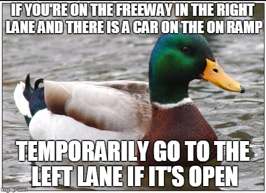 Actual Advice Mallard Meme | IF YOU'RE ON THE FREEWAY IN THE RIGHT LANE AND THERE IS A CAR ON THE ON RAMP; TEMPORARILY GO TO THE LEFT LANE IF IT'S OPEN | image tagged in memes,actual advice mallard | made w/ Imgflip meme maker