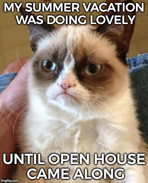 Grumpy Cat | MY SUMMER VACATION WAS DOING LOVELY; UNTIL OPEN HOUSE CAME ALONG | image tagged in memes,grumpy cat | made w/ Imgflip meme maker