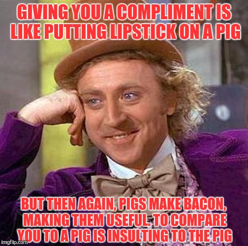 I dropped this line on my ex wife during our latest "negotiation" | GIVING YOU A COMPLIMENT IS LIKE PUTTING LIPSTICK ON A PIG; BUT THEN AGAIN, PIGS MAKE BACON, MAKING THEM USEFUL. TO COMPARE YOU TO A PIG IS INSULTING TO THE PIG | image tagged in memes,creepy condescending wonka | made w/ Imgflip meme maker