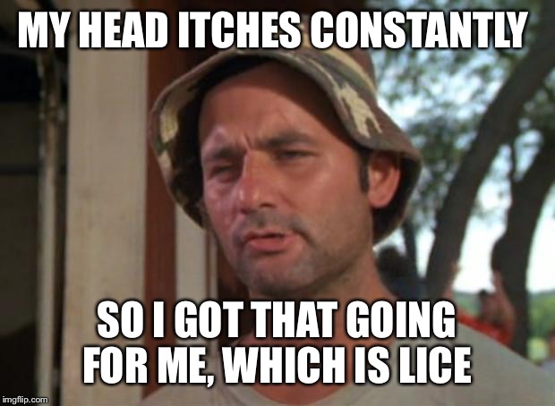 So I Got That Goin For Me Which Is Nice |  MY HEAD ITCHES CONSTANTLY; SO I GOT THAT GOING FOR ME, WHICH IS LICE | image tagged in memes,so i got that goin for me which is nice | made w/ Imgflip meme maker