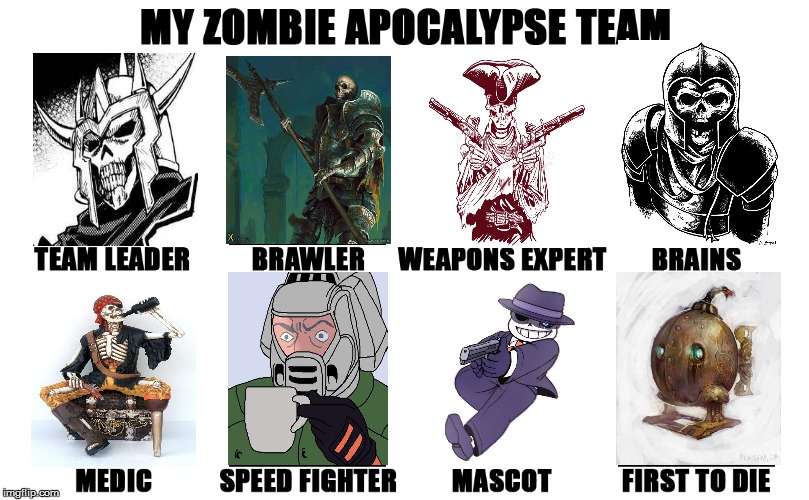 The skeleton team | image tagged in my zombie apocalypse team,skeletons,army,my zombie apocalypse team v2 memes | made w/ Imgflip meme maker