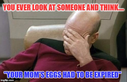 Captain Picard Facepalm | YOU EVER LOOK AT SOMEONE AND THINK.... "YOUR MOM'S EGGS HAD TO BE EXPIRED" | image tagged in memes,captain picard facepalm | made w/ Imgflip meme maker