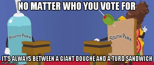 Giant Douche/Turd Sandwich | NO MATTER WHO YOU VOTE FOR; IT'S ALWAYS BETWEEN A GIANT DOUCHE AND A TURD SANDWICH | image tagged in giant douche/turd sandwich | made w/ Imgflip meme maker