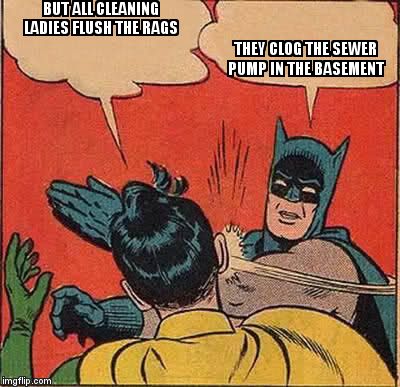 Batman Slapping Robin Meme | BUT ALL CLEANING LADIES FLUSH THE RAGS THEY CLOG THE SEWER PUMP IN THE BASEMENT | image tagged in memes,batman slapping robin | made w/ Imgflip meme maker