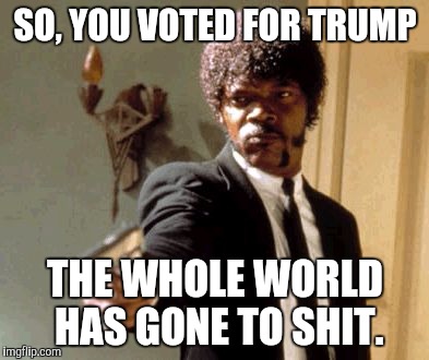 Say That Again I Dare You Meme | SO, YOU VOTED FOR TRUMP; THE WHOLE WORLD HAS GONE TO SHIT. | image tagged in memes,say that again i dare you | made w/ Imgflip meme maker