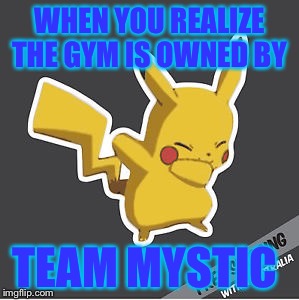 WHEN YOU REALIZE THE GYM IS OWNED BY; TEAM MYSTIC | image tagged in teammystic4lyfe | made w/ Imgflip meme maker