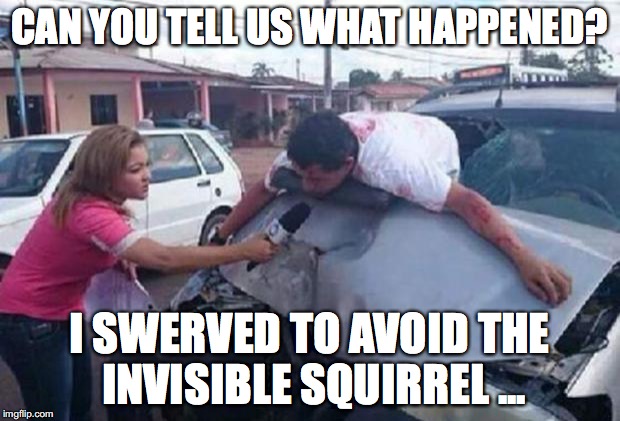 reportera/ accidente | CAN YOU TELL US WHAT HAPPENED? I SWERVED TO AVOID THE INVISIBLE SQUIRREL ... | image tagged in reportera/ accidente | made w/ Imgflip meme maker