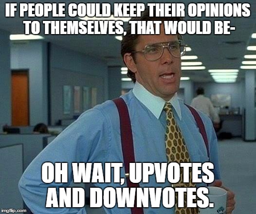 If I want to say I don't like a meme, shouldn't I be obliged to? Keep scrolling? I deserve to be able to speak my opinion. | IF PEOPLE COULD KEEP THEIR OPINIONS TO THEMSELVES, THAT WOULD BE-; OH WAIT, UPVOTES AND DOWNVOTES. | image tagged in memes,that would be great,keep scrolling | made w/ Imgflip meme maker