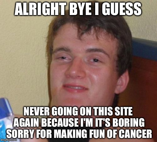 Bye | ALRIGHT BYE I GUESS; NEVER GOING ON THIS SITE AGAIN BECAUSE I'M IT'S BORING SORRY FOR MAKING FUN OF CANCER | image tagged in memes,10 guy | made w/ Imgflip meme maker