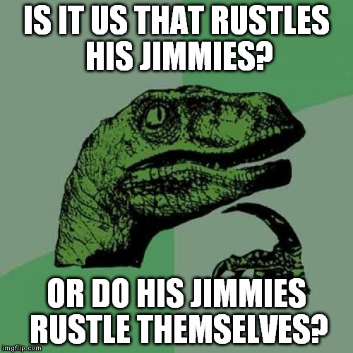 Philosoraptor Meme | IS IT US THAT RUSTLES HIS JIMMIES? OR DO HIS JIMMIES RUSTLE THEMSELVES? | image tagged in memes,philosoraptor | made w/ Imgflip meme maker