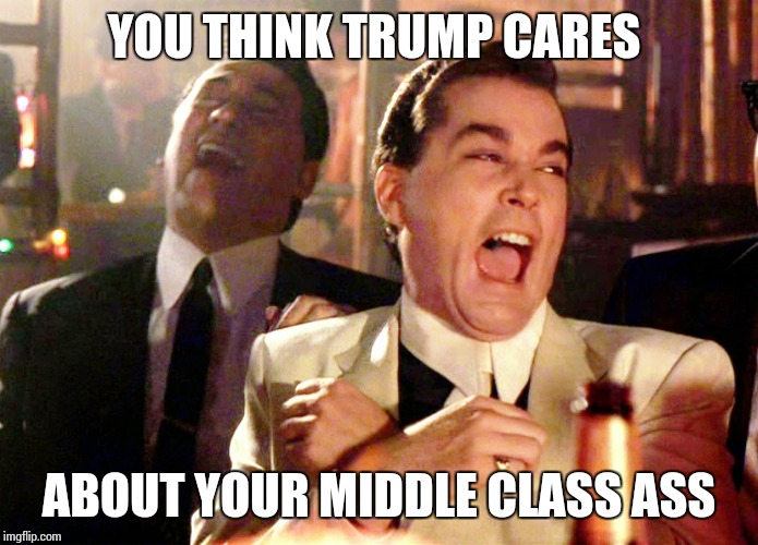 Good Fellas Hilarious | YOU THINK TRUMP CARES; ABOUT YOUR MIDDLE CLASS ASS | image tagged in memes,good fellas hilarious | made w/ Imgflip meme maker