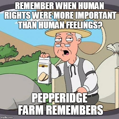 Pepperidge Farm Remembers Meme | REMEMBER WHEN HUMAN RIGHTS WERE MORE IMPORTANT THAN HUMAN FEELINGS? PEPPERIDGE FARM REMEMBERS | image tagged in memes,pepperidge farm remembers | made w/ Imgflip meme maker