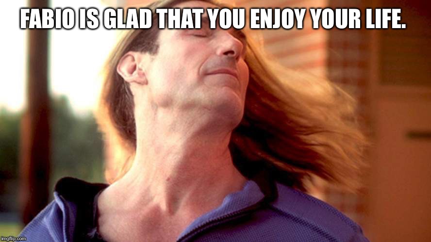 Fabio Hair Swish | FABIO IS GLAD THAT YOU ENJOY YOUR LIFE. | image tagged in fabio hair swish | made w/ Imgflip meme maker