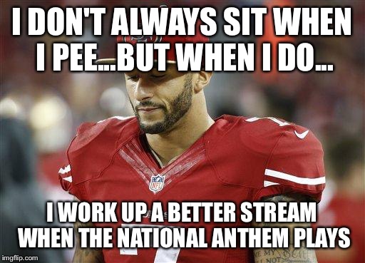 49ers | I DON'T ALWAYS SIT WHEN I PEE...BUT WHEN I DO... I WORK UP A BETTER STREAM WHEN THE NATIONAL ANTHEM PLAYS | image tagged in 49ers | made w/ Imgflip meme maker