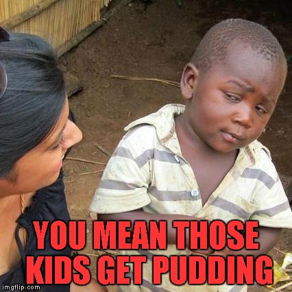 Third World Skeptical Kid Meme | YOU MEAN THOSE KIDS GET PUDDING | image tagged in memes,third world skeptical kid | made w/ Imgflip meme maker