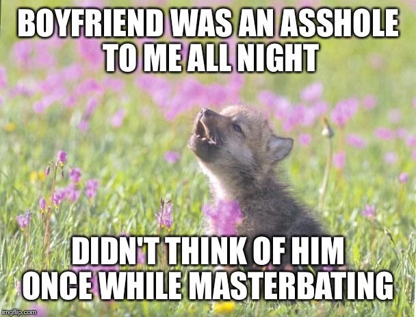 Baby Insanity Wolf Meme | BOYFRIEND WAS AN ASSHOLE TO ME ALL NIGHT; DIDN'T THINK OF HIM ONCE WHILE MASTERBATING | image tagged in memes,baby insanity wolf,AdviceAnimals | made w/ Imgflip meme maker