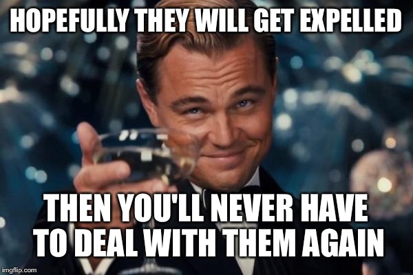 Leonardo Dicaprio Cheers Meme | HOPEFULLY THEY WILL GET EXPELLED THEN YOU'LL NEVER HAVE TO DEAL WITH THEM AGAIN | image tagged in memes,leonardo dicaprio cheers | made w/ Imgflip meme maker