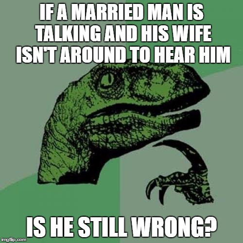 Philosoraptor | IF A MARRIED MAN IS TALKING AND HIS WIFE ISN'T AROUND TO HEAR HIM; IS HE STILL WRONG? | image tagged in memes,philosoraptor | made w/ Imgflip meme maker