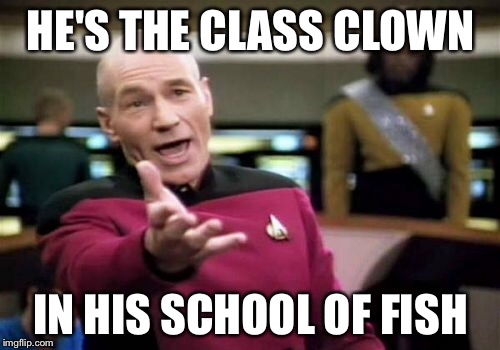 Picard Wtf Meme | HE'S THE CLASS CLOWN IN HIS SCHOOL OF FISH | image tagged in memes,picard wtf | made w/ Imgflip meme maker