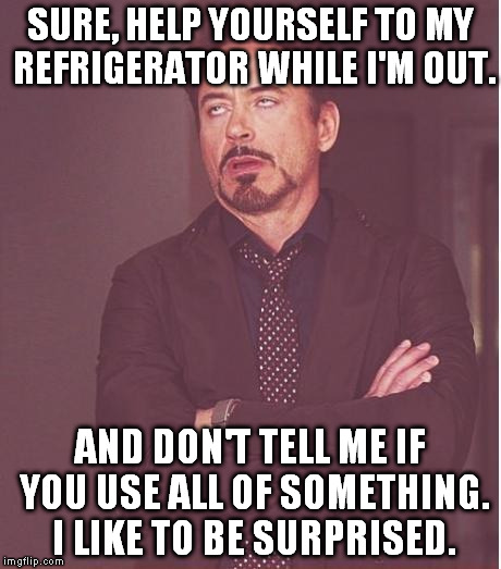 Agreed to hold on to my brother-in-law while his living situation is being sorted out. | SURE, HELP YOURSELF TO MY REFRIGERATOR WHILE I'M OUT. AND DON'T TELL ME IF YOU USE ALL OF SOMETHING. I LIKE TO BE SURPRISED. | image tagged in memes,face you make robert downey jr | made w/ Imgflip meme maker