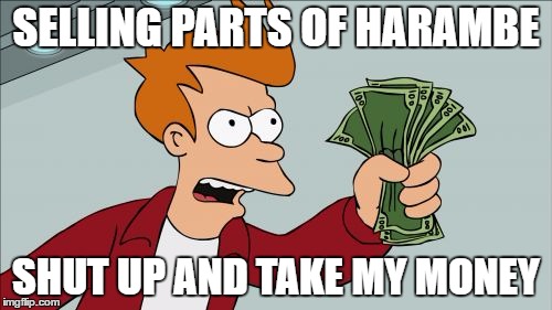 Shut Up And Take My Money Fry | SELLING PARTS OF HARAMBE; SHUT UP AND TAKE MY MONEY | image tagged in memes,shut up and take my money fry | made w/ Imgflip meme maker