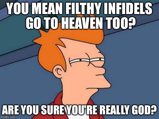 Futurama Fry Meme | YOU MEAN FILTHY INFIDELS GO TO HEAVEN TOO? ARE YOU SURE YOU'RE REALLY GOD? | image tagged in memes,futurama fry | made w/ Imgflip meme maker