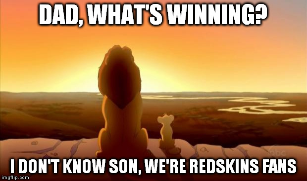 MUFASA AND SIMBA | DAD, WHAT'S WINNING? I DON'T KNOW SON, WE'RE REDSKINS FANS | image tagged in mufasa and simba | made w/ Imgflip meme maker