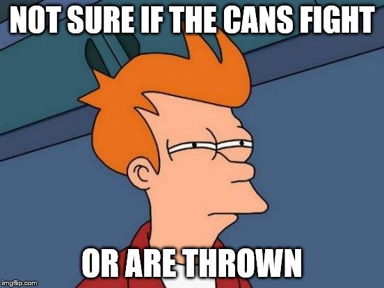 Futurama Fry Meme | NOT SURE IF THE CANS FIGHT OR ARE THROWN | image tagged in memes,futurama fry | made w/ Imgflip meme maker