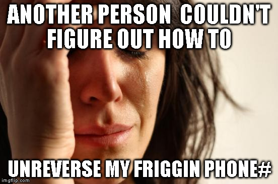 First World Problems | ANOTHER PERSON  COULDN'T FIGURE OUT HOW TO; UNREVERSE MY FRIGGIN PHONE# | image tagged in memes,first world problems | made w/ Imgflip meme maker