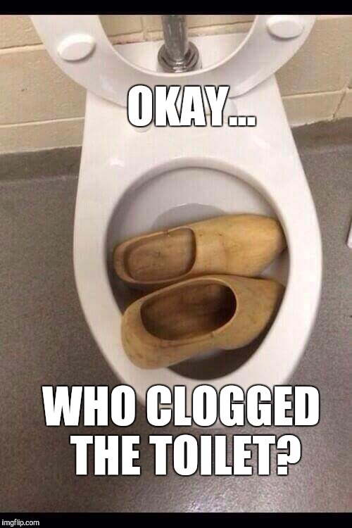Wooden shoe like to know... | OKAY... WHO CLOGGED THE TOILET? | image tagged in clog,toilet,bad puns | made w/ Imgflip meme maker