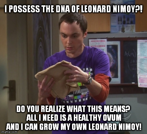 The world really needs some Sheldons | I POSSESS THE DNA OF LEONARD NIMOY?! DO YOU REALIZE WHAT THIS MEANS? ALL I NEED IS A HEALTHY OVUM AND I CAN GROW MY OWN LEONARD NIMOY! | image tagged in memes,big bang theory,clone,leonard nimoy,gene wilder,robin williams | made w/ Imgflip meme maker