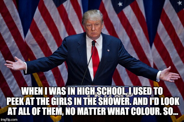 Donald Trump | WHEN I WAS IN HIGH SCHOOL, I USED TO PEEK AT THE GIRLS IN THE SHOWER. AND I'D LOOK AT ALL OF THEM, NO MATTER WHAT COLOUR. SO... | image tagged in donald trump | made w/ Imgflip meme maker