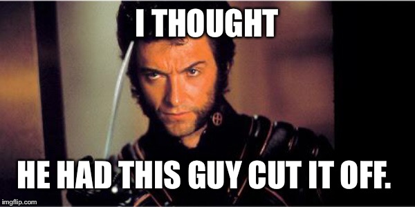 Wolverine Middle Finger | I THOUGHT HE HAD THIS GUY CUT IT OFF. | image tagged in wolverine middle finger | made w/ Imgflip meme maker