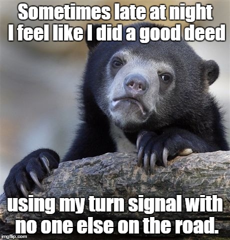 Confession Bear | Sometimes late at night I feel like I did a good deed; using my turn signal with no one else on the road. | image tagged in memes,confession bear | made w/ Imgflip meme maker