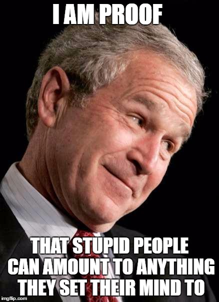 George Bush Blame | I AM PROOF; THAT STUPID PEOPLE CAN AMOUNT TO ANYTHING THEY SET THEIR MIND TO | image tagged in george bush blame | made w/ Imgflip meme maker