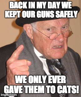 Back In My Day Meme | BACK IN MY DAY WE KEPT OUR GUNS SAFELY WE ONLY EVER GAVE THEM TO CATS! | image tagged in memes,back in my day | made w/ Imgflip meme maker