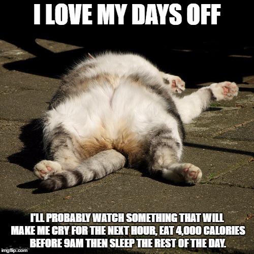Lazy Day. | I LOVE MY DAYS OFF; I'LL PROBABLY WATCH SOMETHING THAT WILL MAKE ME CRY FOR THE NEXT HOUR, EAT 4,000 CALORIES BEFORE 9AM THEN SLEEP THE REST OF THE DAY. | image tagged in fat,lazy,reesespieces,naptime | made w/ Imgflip meme maker